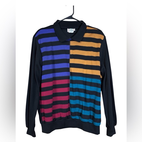 Cricket Lane Other - Vintage 90s Colorful Striped Crewneck Sweater with Solid Black Collar